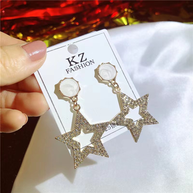 Anting Tusuk Gantung Desain Pentagram Hollow Hias Berlian Gaya Perancis / Elegan Kreatif High quality Untuk Wanita