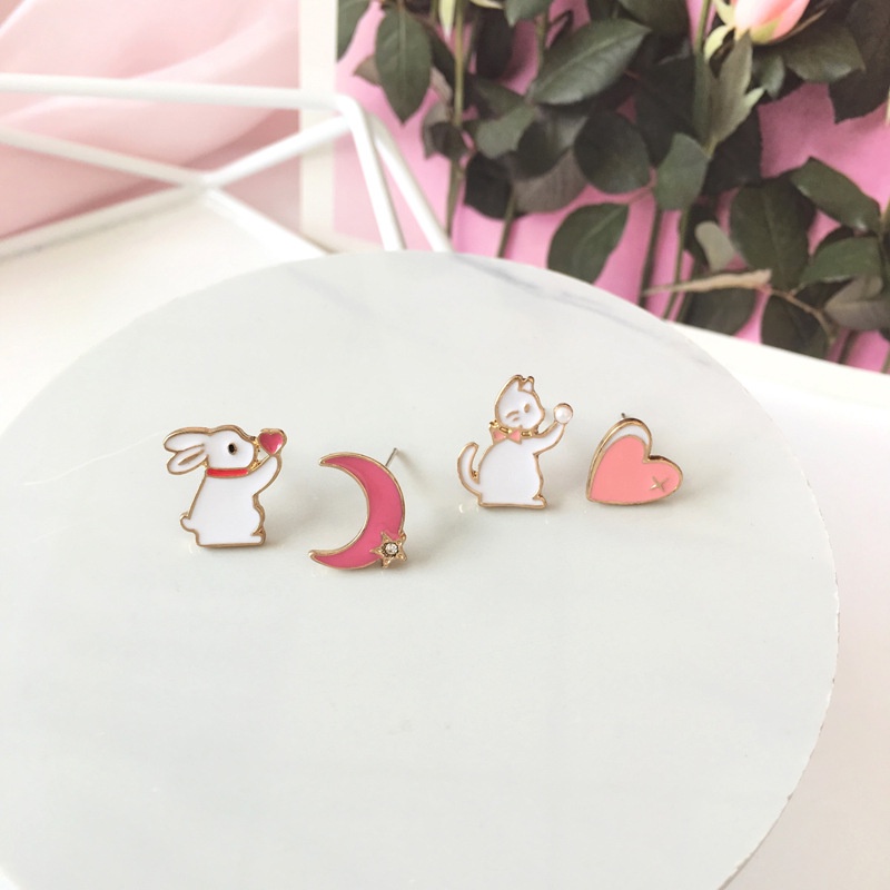 Anting Kait Gantung Asimetris Desain Hati / Kucing / Kelinci / Bulan / Bintang Hias Mutiara / Berlian Untuk Wanita