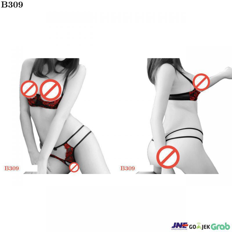 Bikini Bra Set Hitam Transparan, Bordir Bunga Merah, Bra Kawat, Open Cup, Crotchless