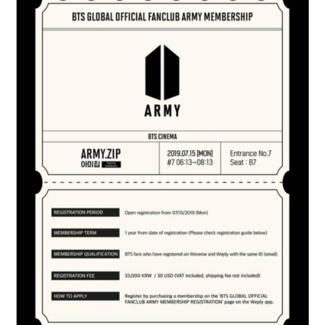 PO BTS GLOBAL OFFICIAL FANCLUB ARMY MEMBERSHIP REGISTRATION (ARMY KIT 6th)