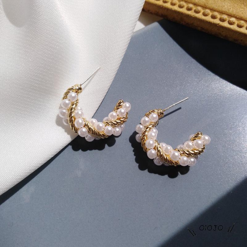 Anting Bentuk C Spiral Aksen Mutiara Untuk Fashion