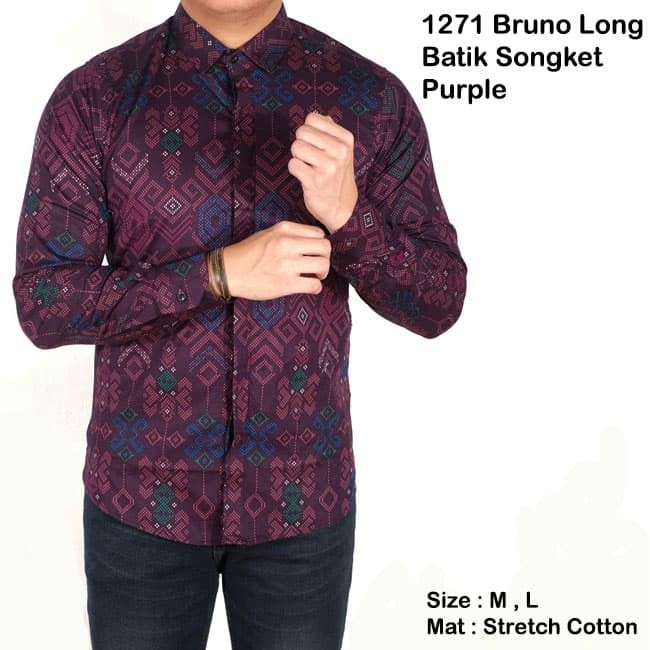 kemeja batik lengan panjang slimfit / baju batik pria panjang slimfit - Ungu