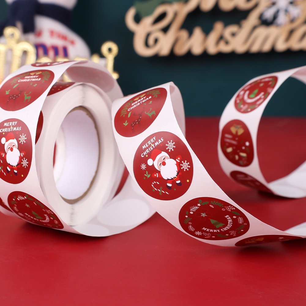 500pcs / Roll Stiker Segel Kantong Permen Desain Santa Claus Snowman Rusa Untuk Dekorasi Natal