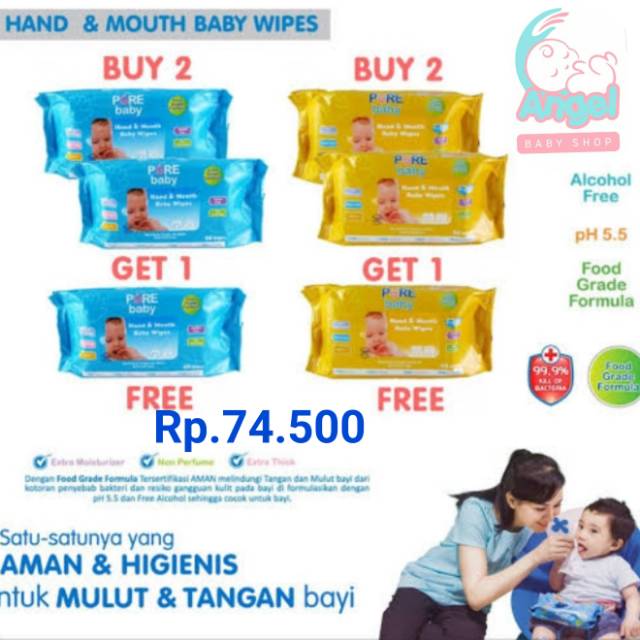 Pure bb wipes  tisu basah hand &amp;mount 60pcs 2gratis 1
