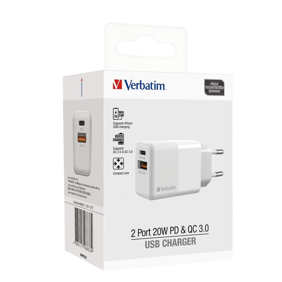 Charger Verbatim 66633 2Port (1 USB-C PD + 1 USB A QC 3.0) 20W White