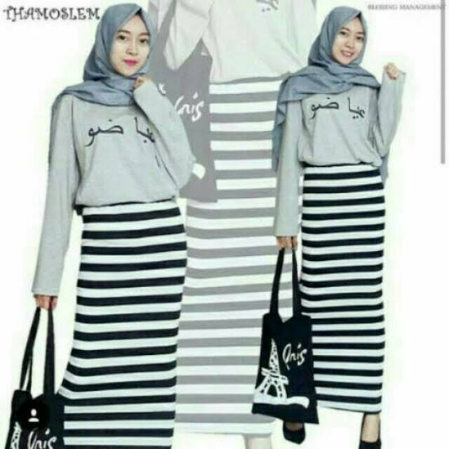 STRIPE BIG SKIRT ROK SPAN PANJANG HITAM PUTIH