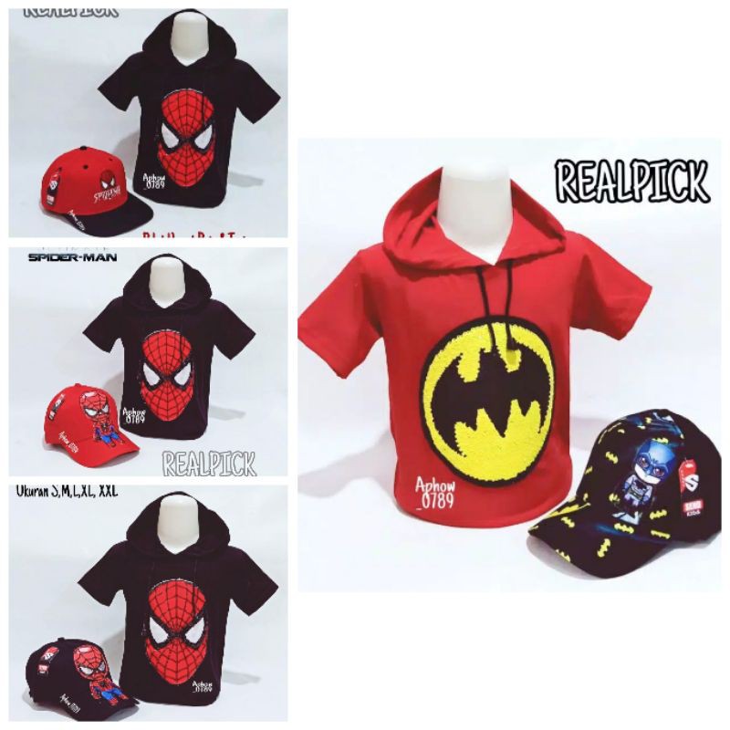 Baju kaos anak hodie motif superhero gratis topi