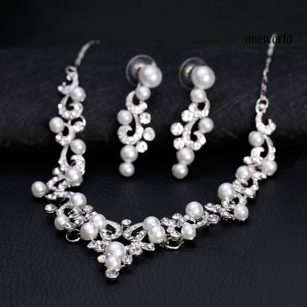 OW@ Fashion Alloy Rhinestone Faux Pearl Necklace Earrings Women Bride Jewelry Set