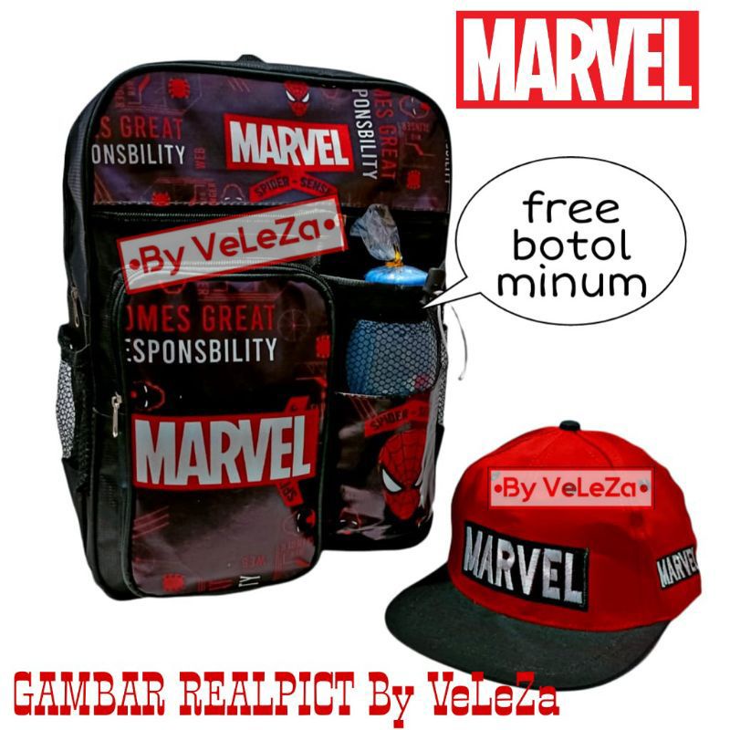 Tas ransel anak karakter Marvel gratis topi botol minum - tas anak