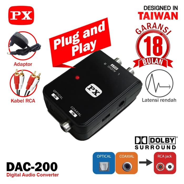 PX DAC 200 Audio Converter RCA to Digital Optical dengan kabel audio