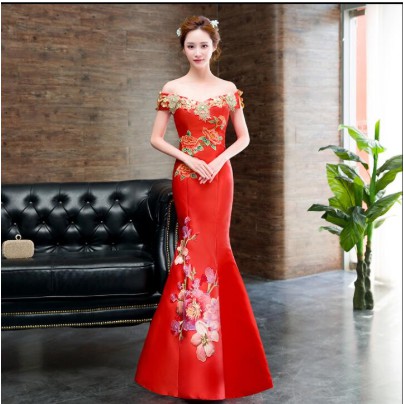 Gaun Tradisional Cina Modern Merah Qipao Panjang Bunga Mermaid Wedding Bridal Cheongsam Gaun