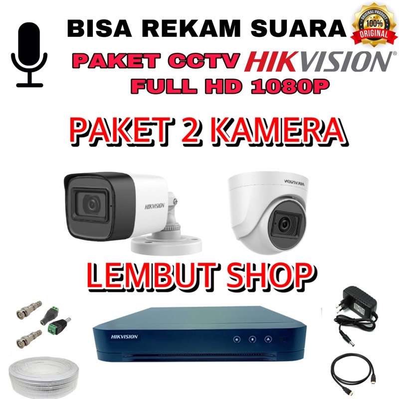 (audio) Promo paket camera cctv 2 kamera hikvision 2mp audio built in mic 1080p 4 channel ch bisa rekam suara 4ch 4channel 2 mp megapixel original murah