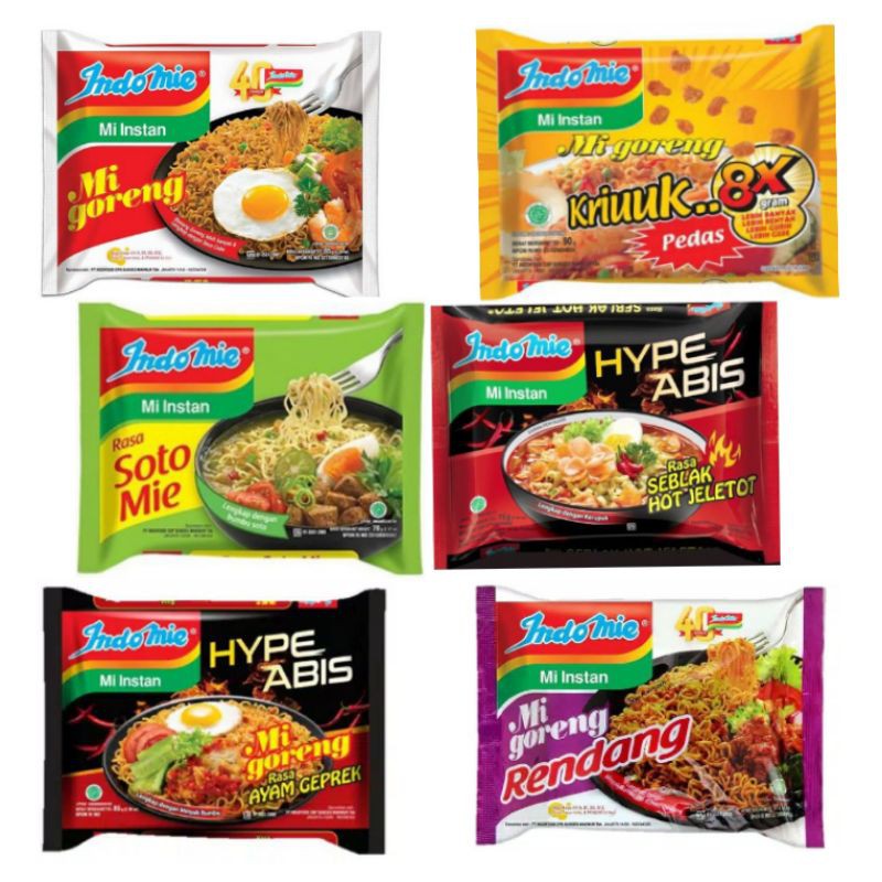 

Indomie Kriuk Pedas / Indomie Goreng / Indomie Geprek / Indomie Soto / Indomie Seblak / Bolognese