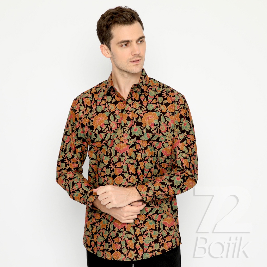 BAJU BATIK PRIA Kemeja Lengan Panjang Slimfit Premium Elegant Warna Hitam Orange Hijau 727393 Cap 72 - Baju Kemeja Atasan Pakaian Setelan Batik Pria Cowok Laki Laki Remaja Keluarga Kantor Lengan Panjang Modern Slimfit Slim Fit Premium Kekinian