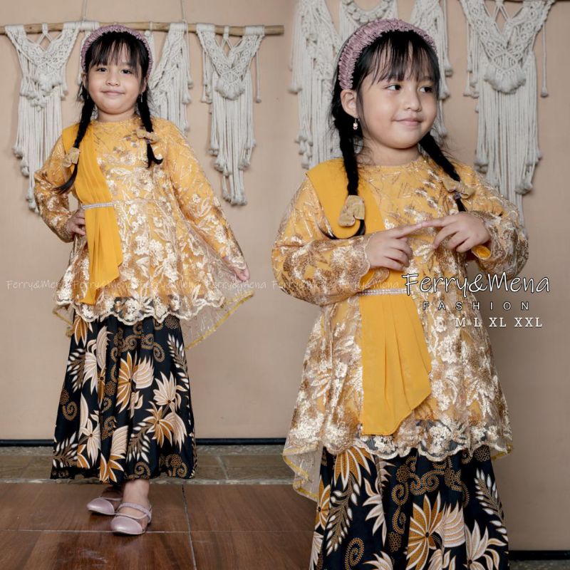 IndahKebaya | SETELAN KEBAYA ANAK SELENDANG / KEBAYA ANAK SD 4-11 TAHUN / KEBAYA ANAK CANTIK MODERN / KEBAYA AURORA SELENDANG ANAK WARNA MOCCA DUSTY ROSEGOLD MAROON NAVY WARDAH SILVER GOLD