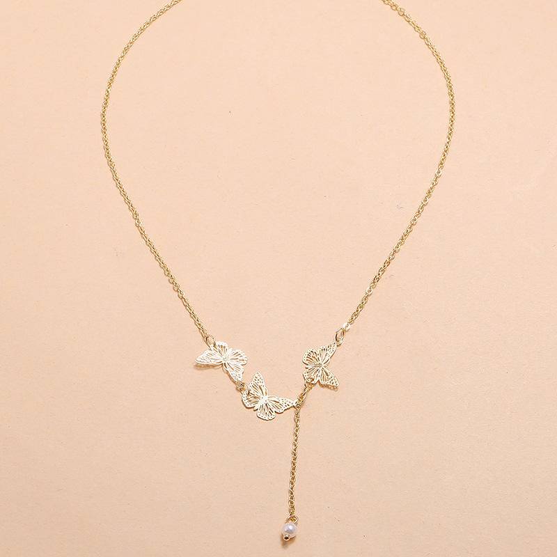 Kalung Choker Rantai Klavikula Desain Kupu-Kupu Lapis Emas Bahan Logam Untuk Wanita