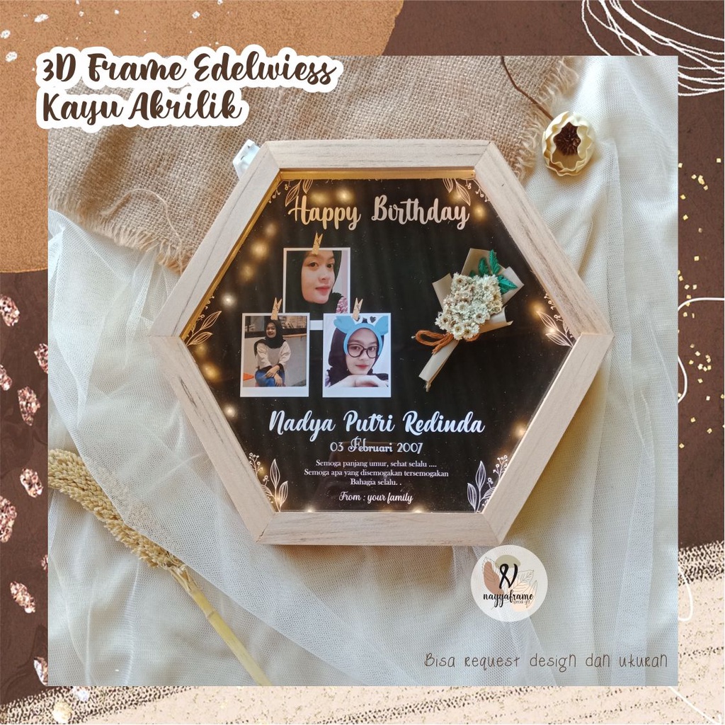 3D HEXA 25CM AKRILIK LAMPU /KADO WEDDING / KADO WISUDA / HEXA FRAME KAYU / HEXA 3D FRAME