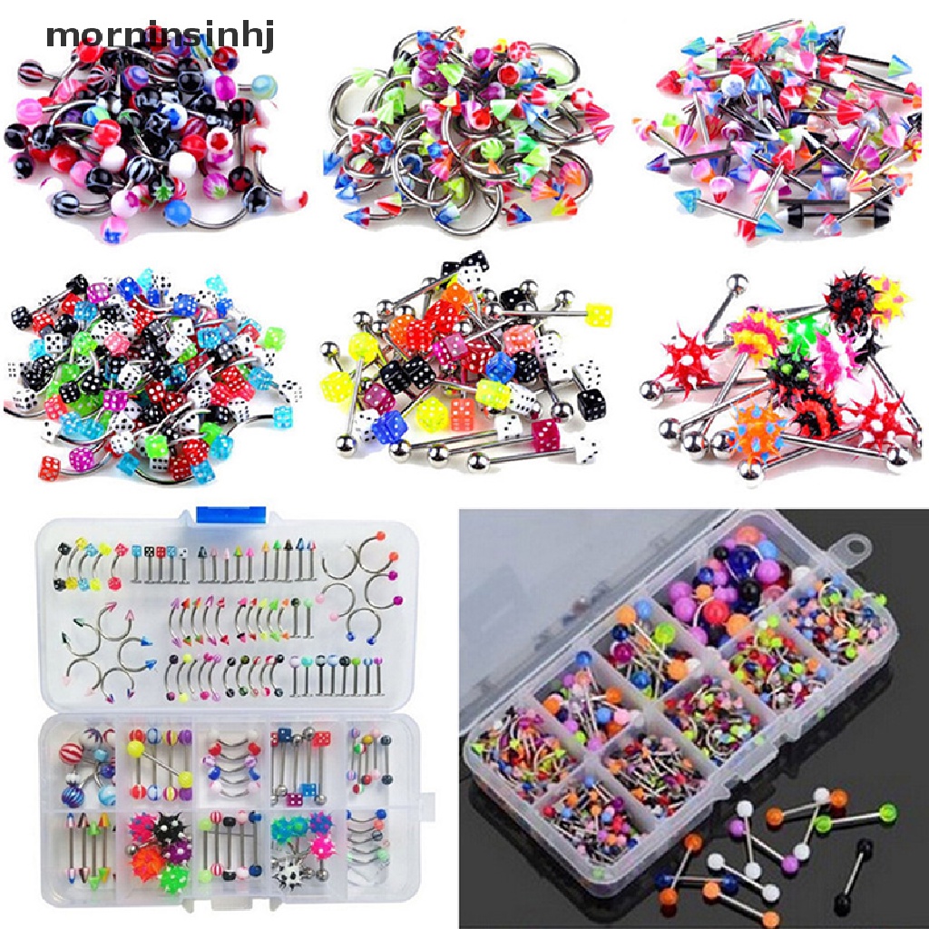 Mornin 60pcs Anting Tindik Lidahbibirtubuh Desain Barbell Warna Campur