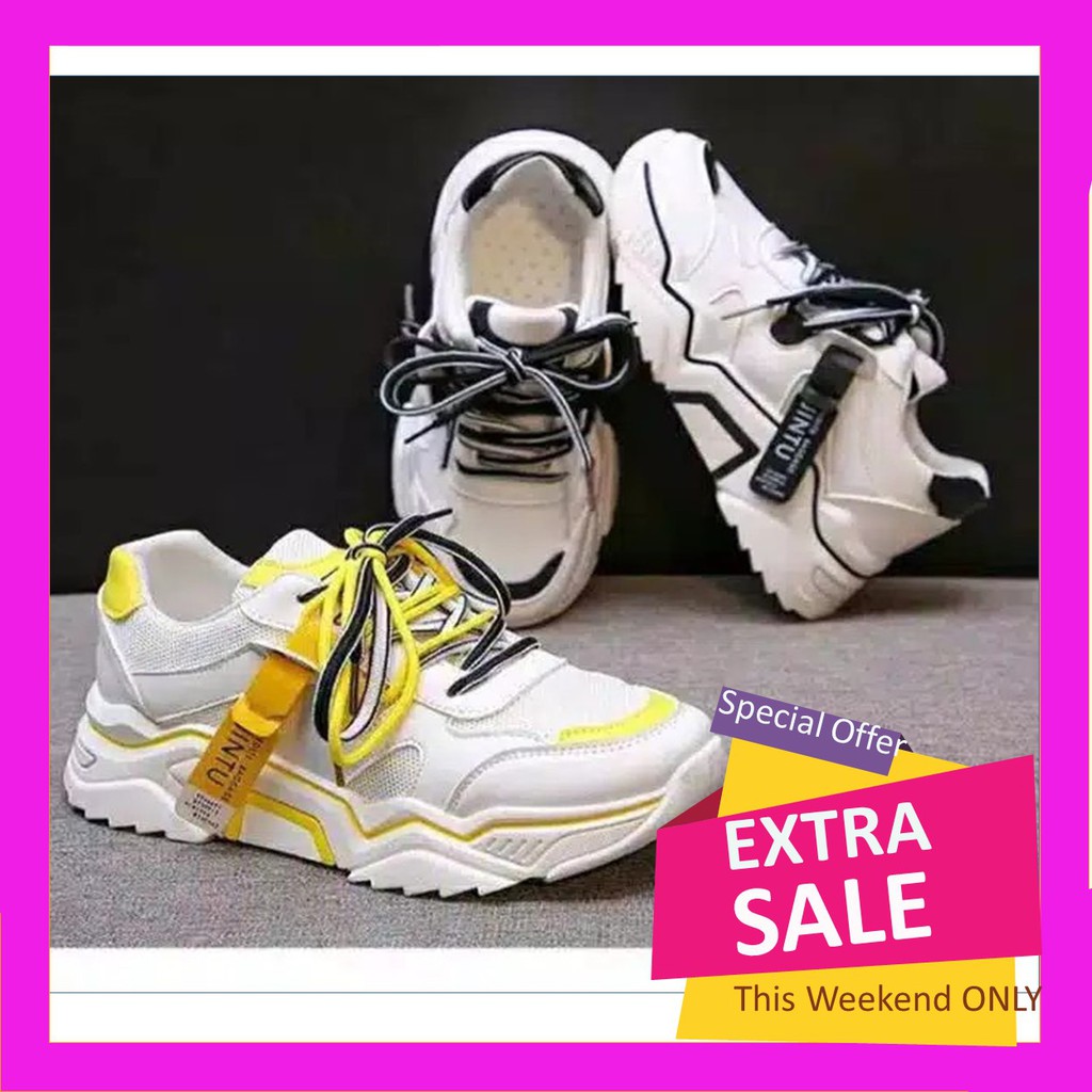 sepatu sneakers wanita tanpa tali DAN TALI MODEL JINTU warna putih kuningsepatu sneakers wanita impo