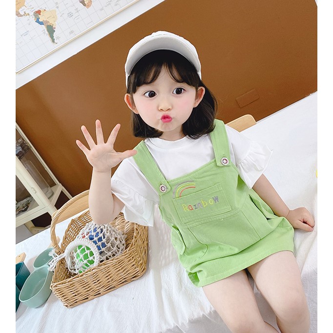 KF Cat Dress Overall Anak Perempuan Motif Rainbow Kaos Pendek Import Korea Style 1-4 Tahun Anak Cewek Set-1