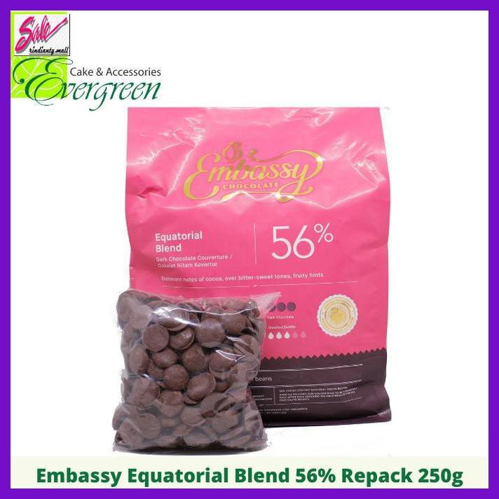 

SAKMACOKLAT- EMBASSY CHOCOLATE COUVERTURE EQUATORIAL BLEND 56% REPACK 250G -MAKANAN-MINUMAN.