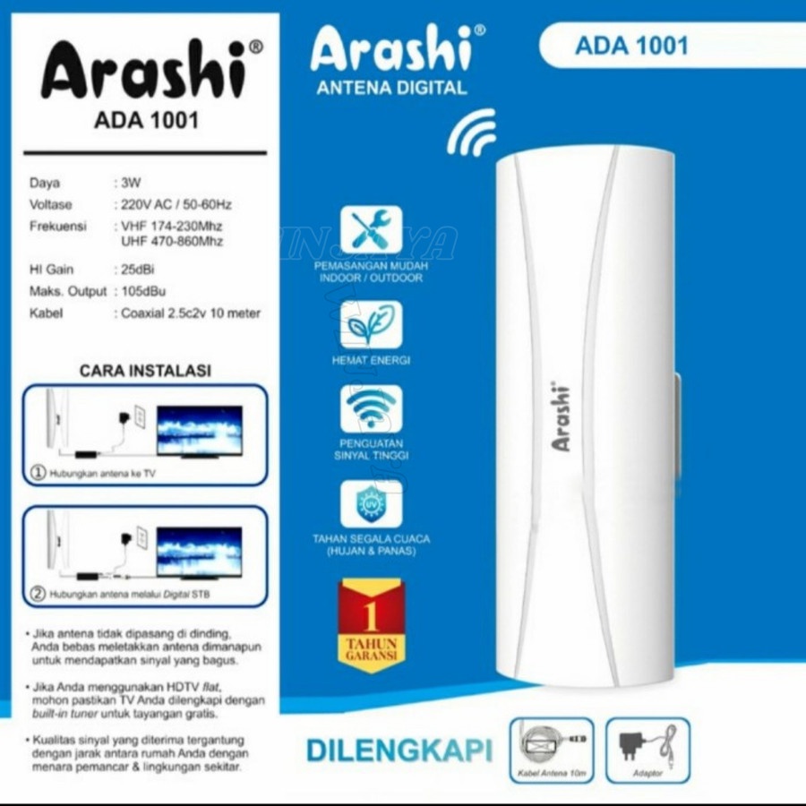 ANTENA TV DIGITAL ARASHI ADA-1001 INDOOR/OUTDOOR ANTI UV + KABEL 10m