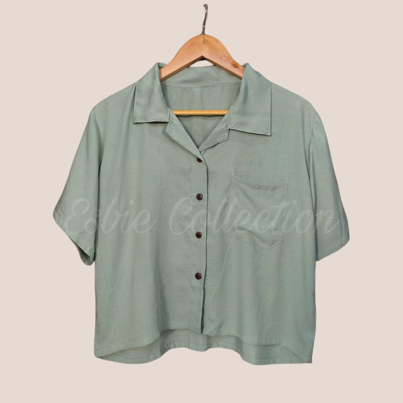 KEMEJA WANITA CROP POLOS-Sage green