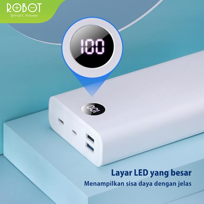 (GA2) PowerBank ROBOT 30000mah RT30 2.4A Dual Input Port Type C &amp; Micro USB 3 Output Original Fast Charging Real Capacity LED Indicator - Garansi Resmi 1 Tahun