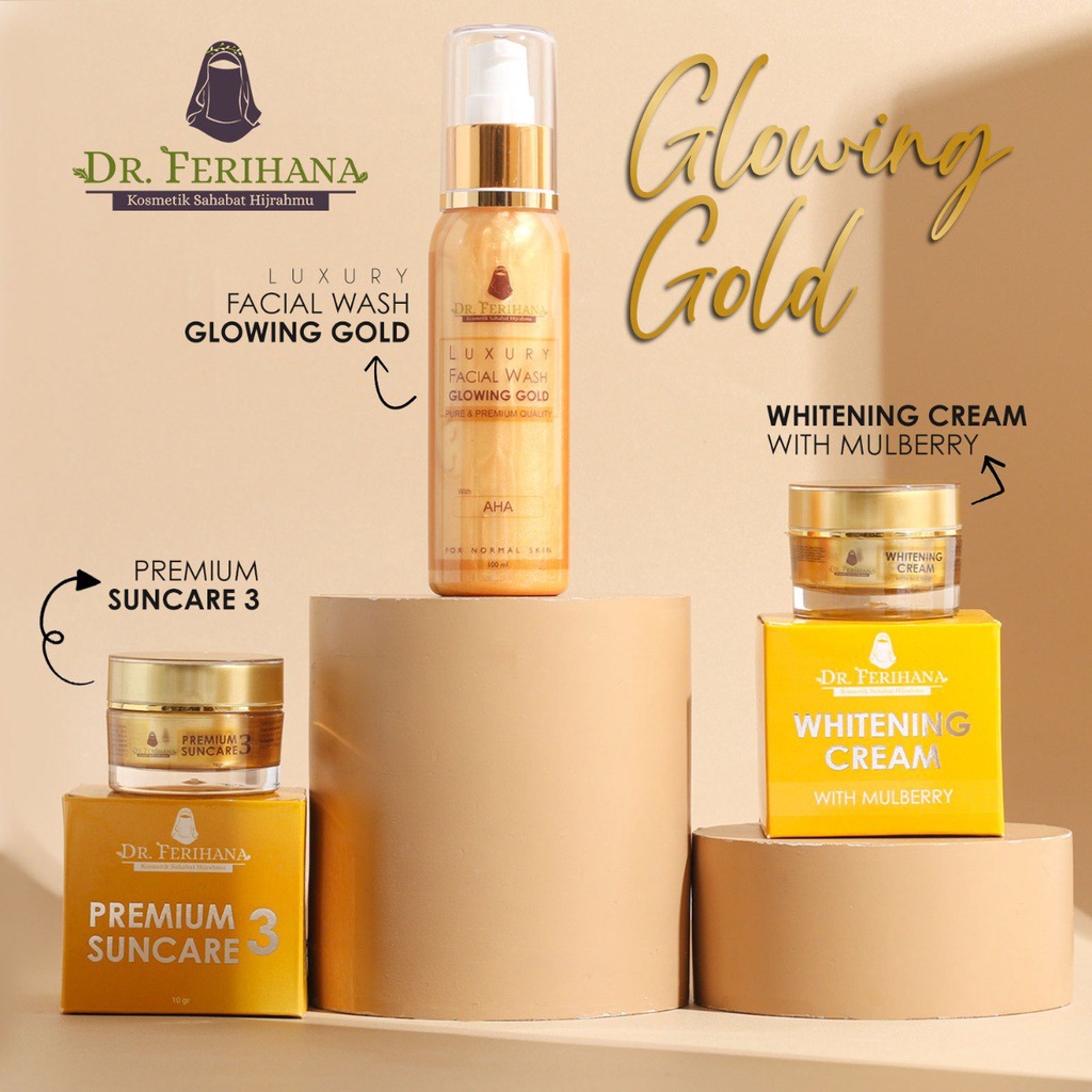 Paket Premium Glowing Gold dr. Ferihana Cosmetics &amp; Skincare Merupakan Paket Perawatan Wajah untuk Kulit Normal Kering Kombinasi yang Mampu Mencerahkan Memudarkan Flek Sekaligus Sebagai Anti Aging