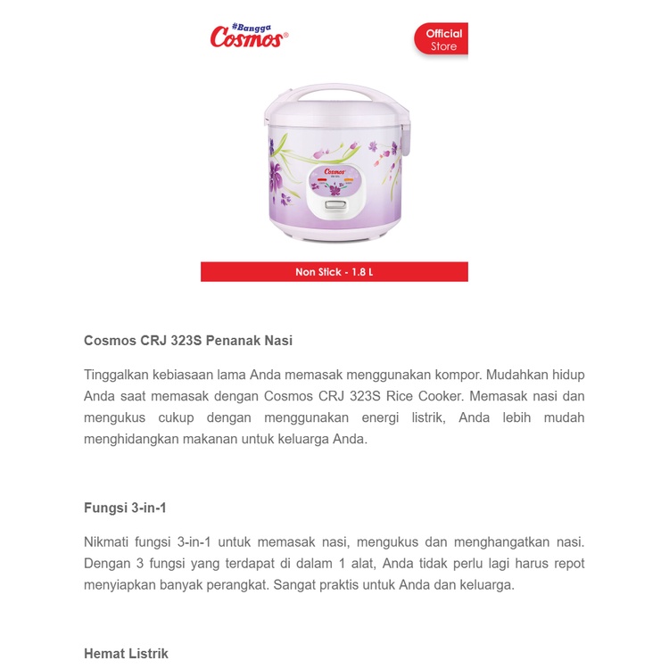 Cosmos Rice Cooker 1.8 L CRJ-323 SSO/SSV/SWG (Random Motif) Anti lengket, Fungsi 3 in 1 (Memasak, Menghangatkan, dan Mengukus)