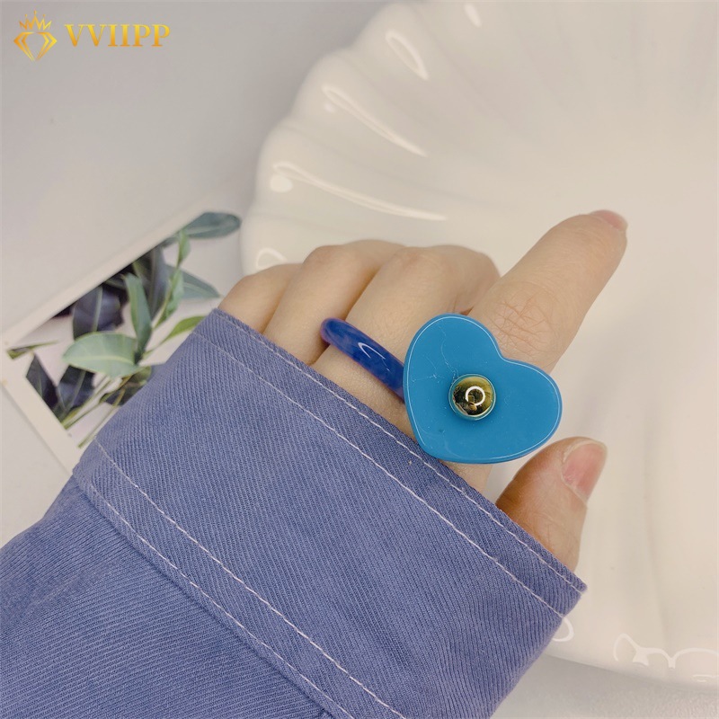 Cincin Bentuk Hati Warna Permen Bahan Resin Gaya Korea Untuk Aksesoris