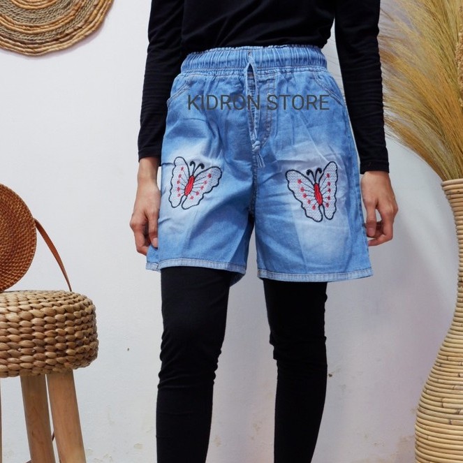 New Celana Hotpants Jeans Bordir Kupu Pinggang Karet Cantik Murah Ada Saku