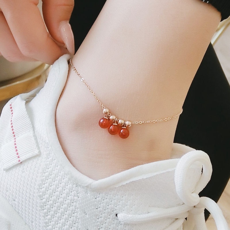 Gelang kaki tiga biji merah titanium korea style anti karat