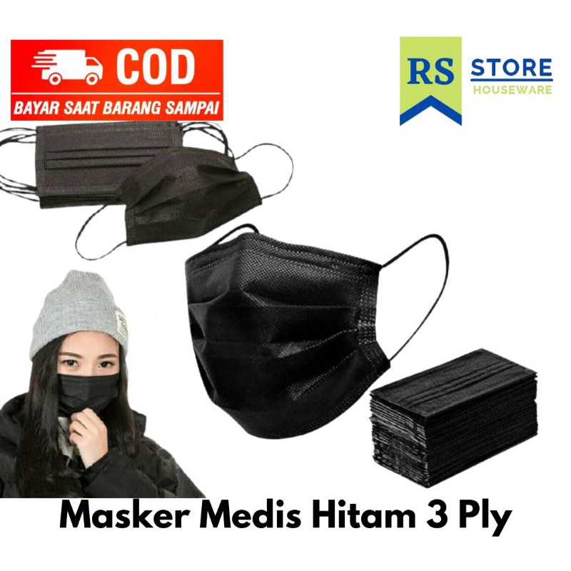 masker medis hitam earloop hijab headloop dewasa 3ply isi 50 pcs box orlee murah bahan tebal / masje