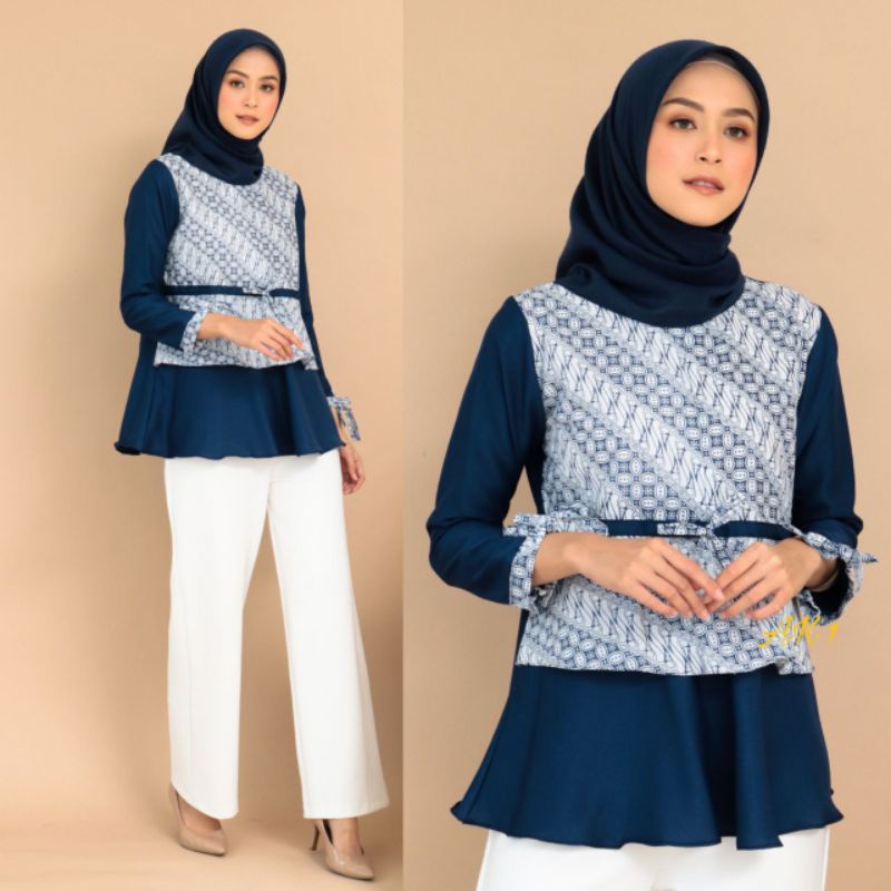tey-17 Batik wanita ASJ SA HRB026 Kenongo Kemeja Tosca Pendek-Susun Navy