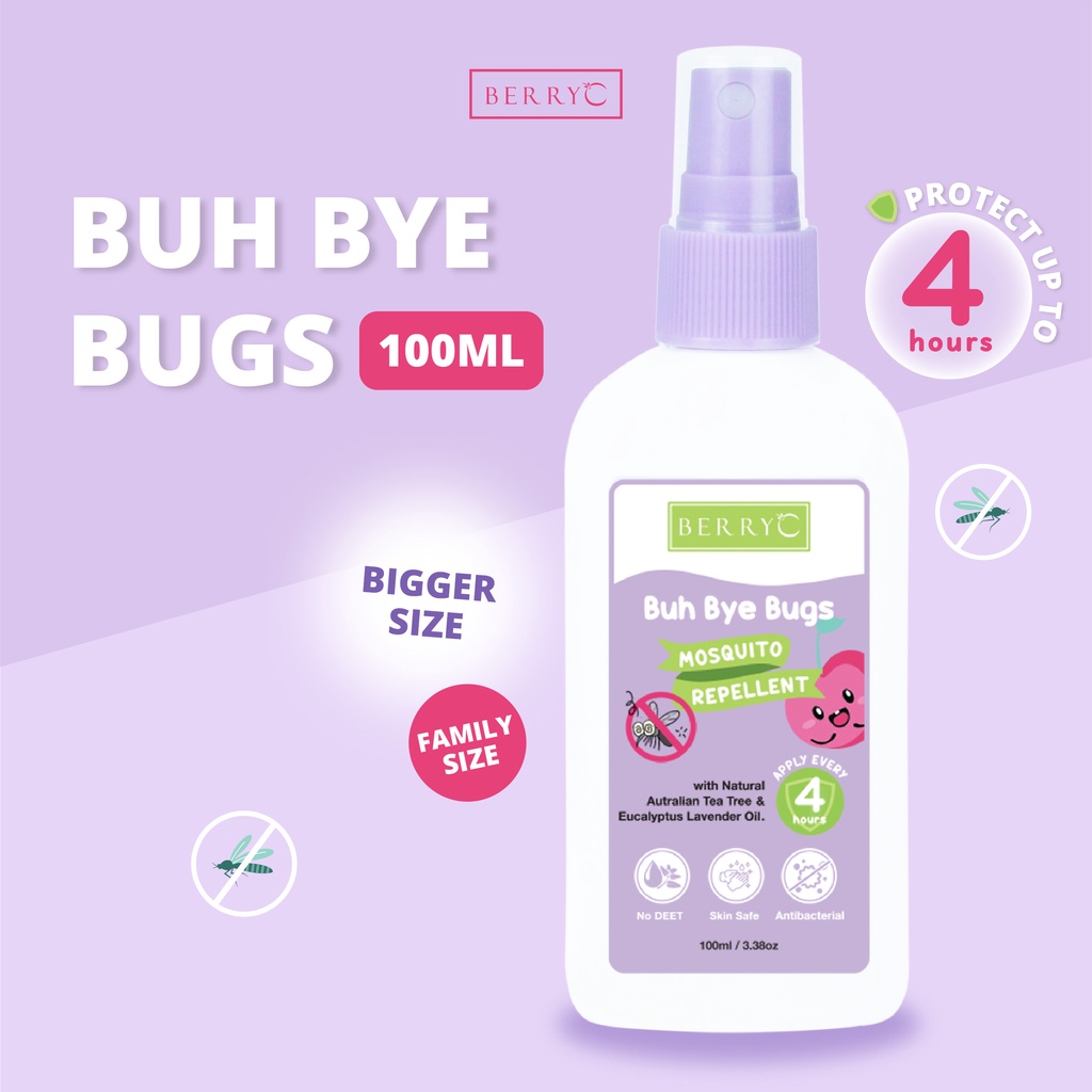 BerryC Buh Bye Bugs 100ml Mosquito Repellent Spray Anti Nyamuk Natural Antibacterial Ampuh Aman Untuk Anak dan Dewasa Kemenkes No DEET Hypoallergen Alergi sensitive skin kulit sensitif dengue dbd kutu tungau serangga natural organik impor lembut malaysia