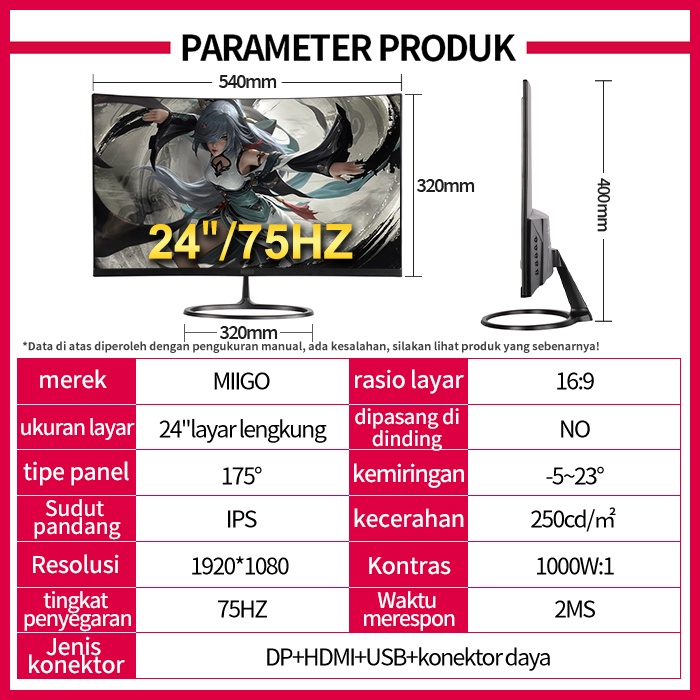 LIVING Monitor gaming melengkung 24 inci Monitor ultra-tipis Full HD-75HZ-Curved screen