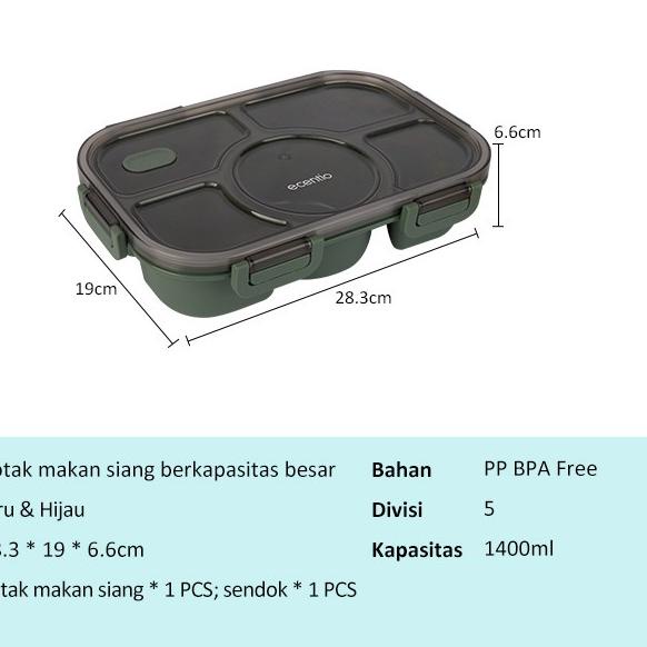 ecentio tempat makan Lunch Box Bento Kotak Makan/ lunch box set 1400ml 5 Grid Dengan Anti Tumpah Ber
