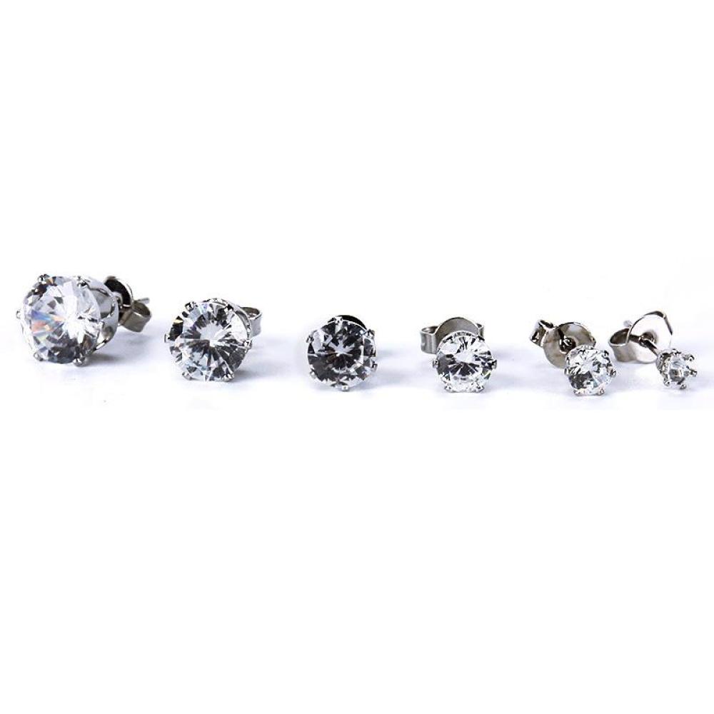 Timekey 6 Pasang / Set Anting Tusuk Stainless Steel Hias Kristal Zircon Bulat Untuk Pria / Wanita A4K5