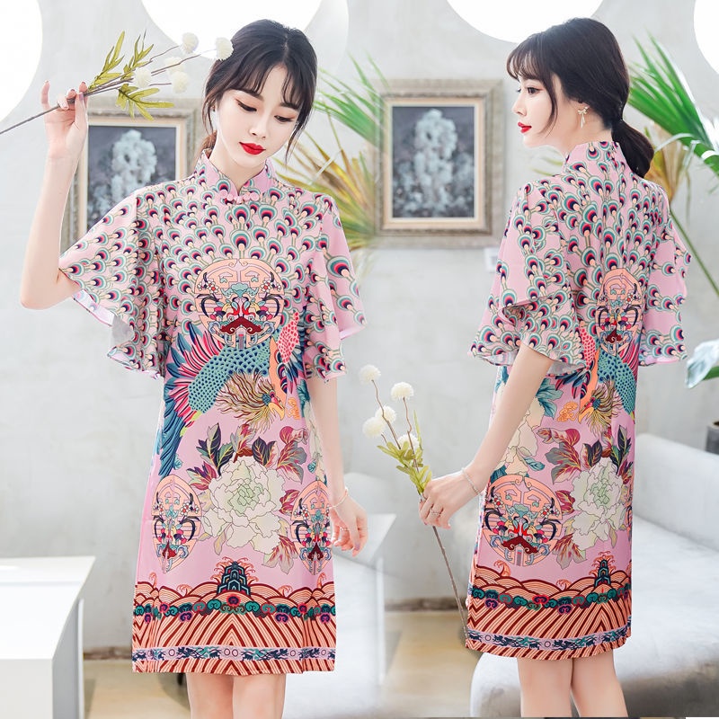 New printed cheongsam 202mm women's dress with large sleeves