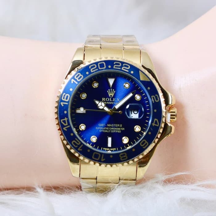 Jam Tangan Rolex Pria Ring Putar Tanggal Aktif - Gold plat Biru Tua