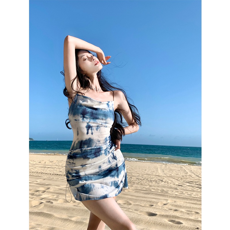 midi dress korea off-the-shoulder halterneck tie-dye suspender dress wanita lipit satu bahu tas seru