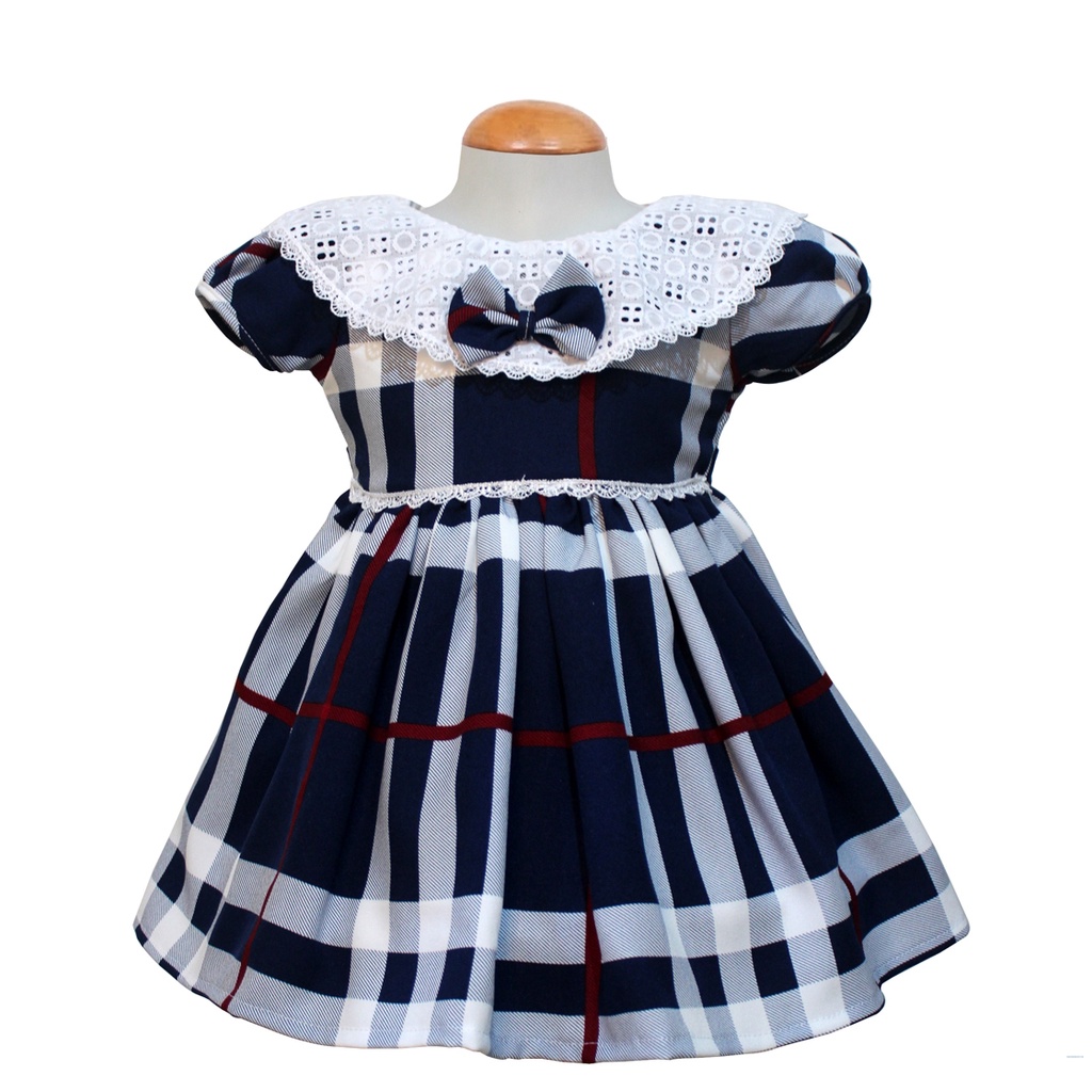 Dress Kids Berri/Gaun Bayi Motif Kotak Impor / Dress Baby Renda Berri Kids 9-12 Bulan/ Baju Jalan