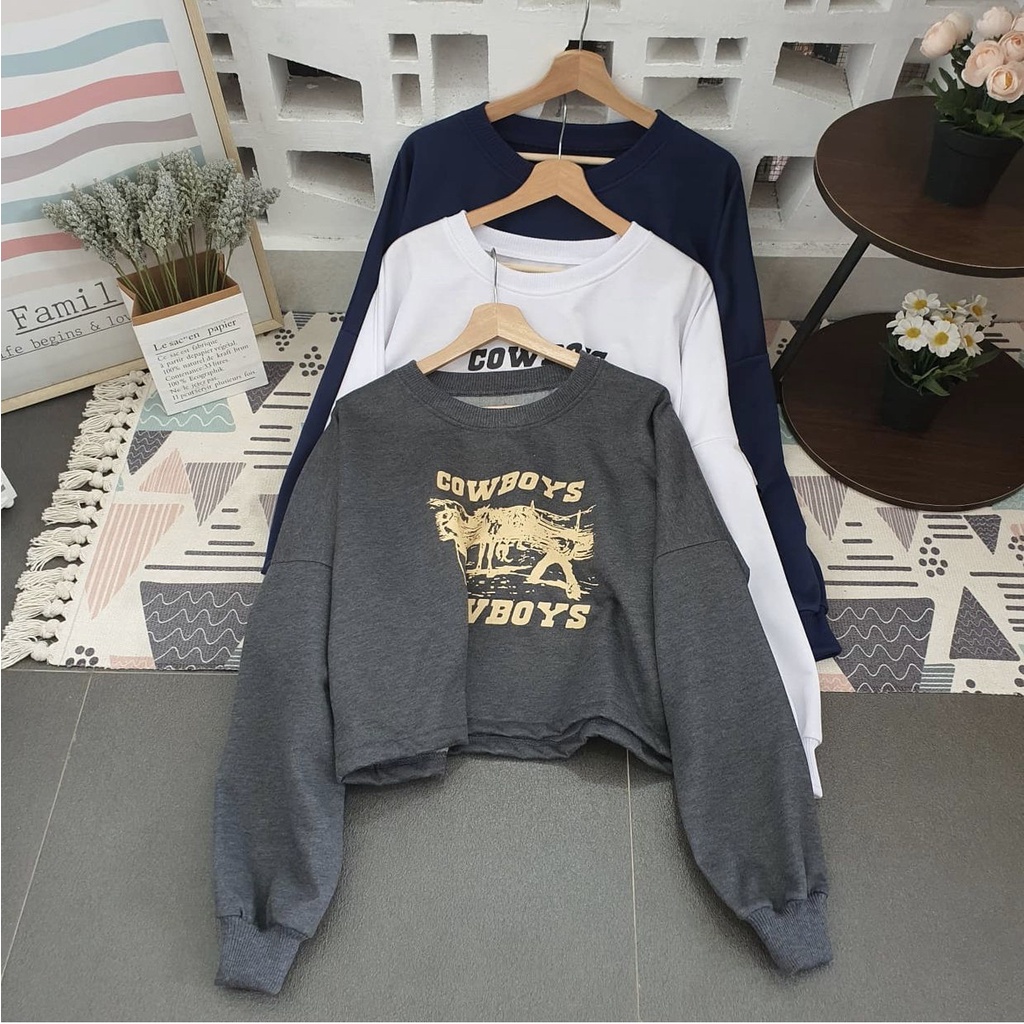 Cowboy sweater fleece crop atasan wanita