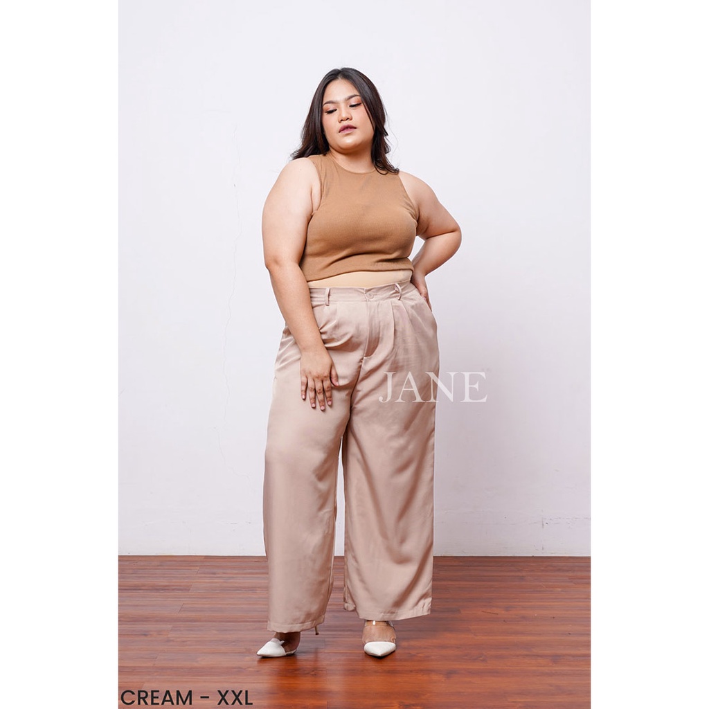 JANE COLLECTION || Celana Kain Formal Kerja Wanita Kulot High Waist Fashion Celana Panjang Jumbo Kantor Korea Bahan Pinggang Karet Kancing - Korean Longpants Ara BIGSIZE M L XL XXL Hitam Putih Olive Khaki Cream Choco