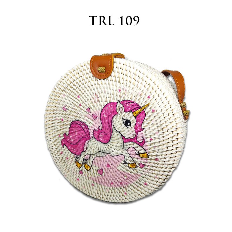 Sweet Honey ~ Tas Rotan Bulat Lukis Deco Motif Kuda Pony TRL109 Diameter 20cm