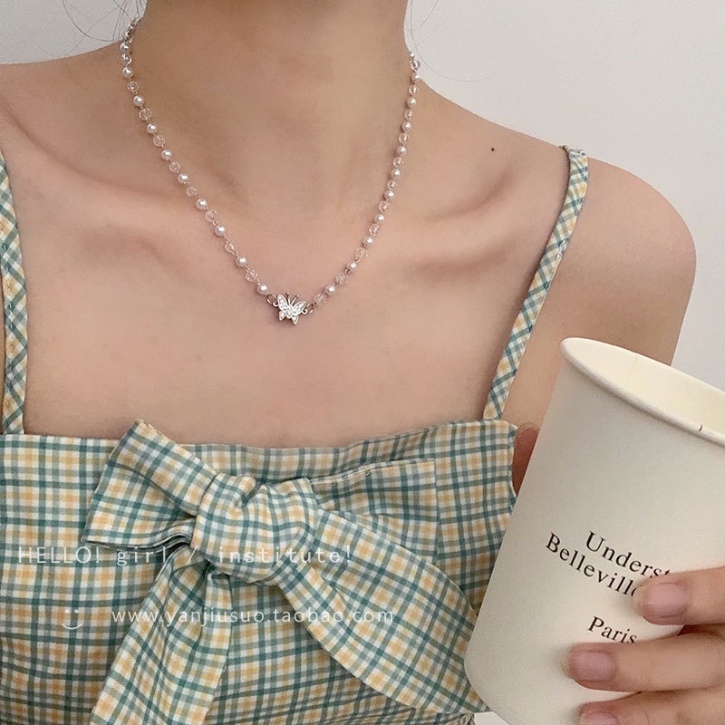 2021 baru Crystal Pearl Kalung kupu-kupu wanita musim panas niche desain sederhana temperamen kalung