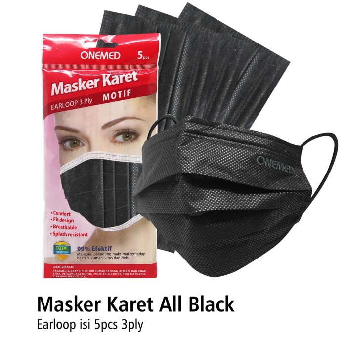 Masker karet medis 3 ply isi 5 pcs All Black OJ2