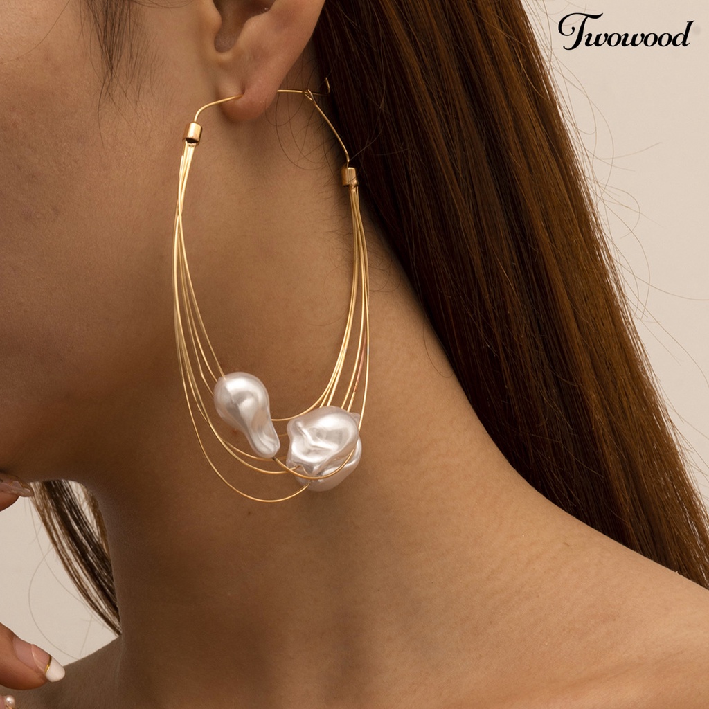 1 Pasang Anting Juntai Multilayer Bentuk Lingkaran Geometris Aksen Mutiara Imitasi Untuk Wanita