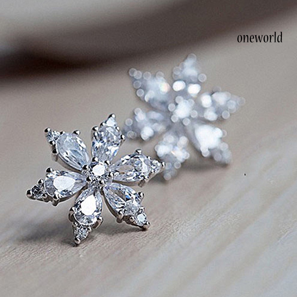 OW# Sweet Women Cubic Zirconia Inlaid Snowflake Ear Stud Earrings Jewelry Xmas Gift